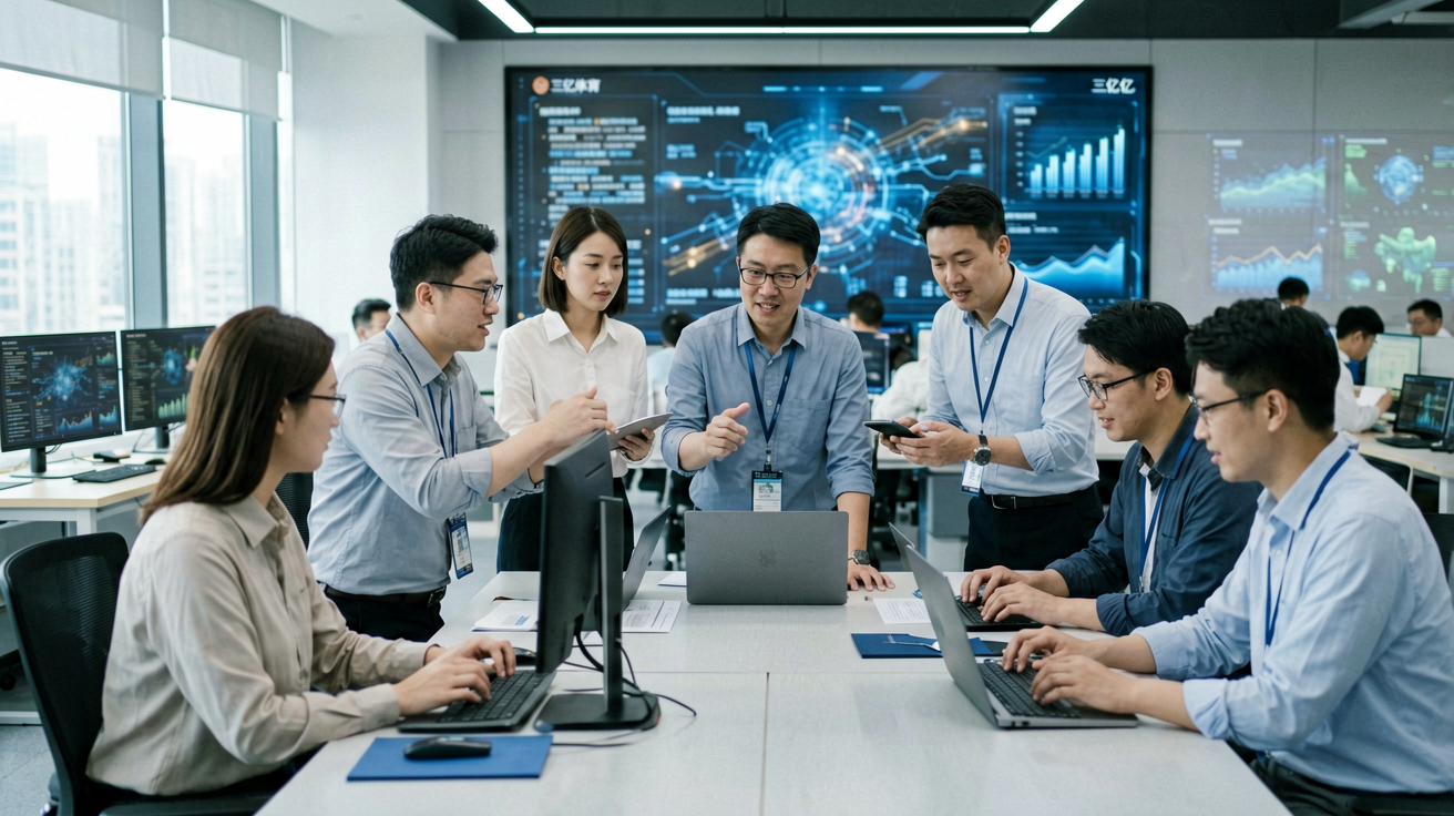 三亿体育科技团队在数据分析中心进行赛事数据研究工作